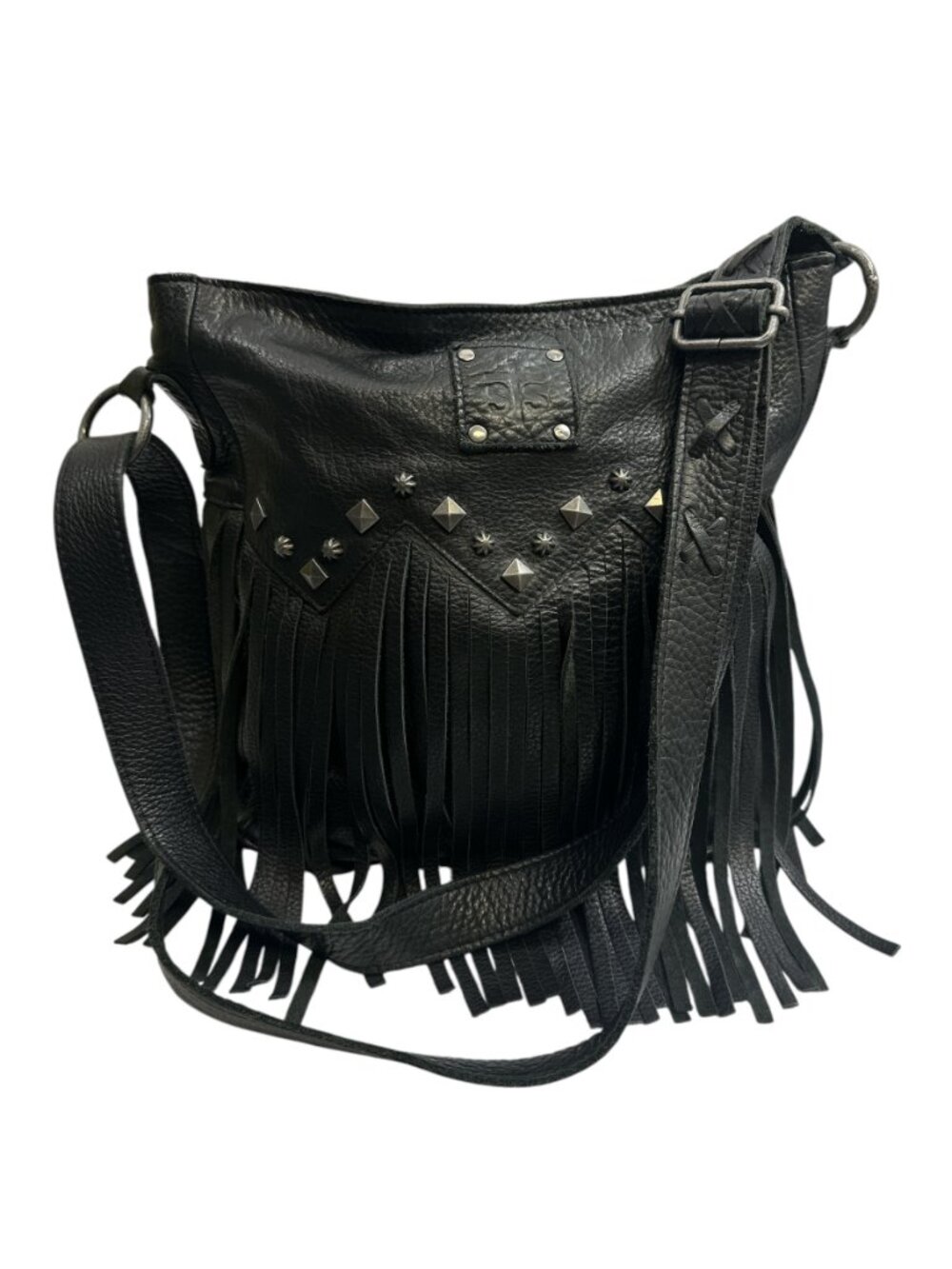 STS Ranch Black Leather Fringe Studded Crossbody Bag Western Boho Festival